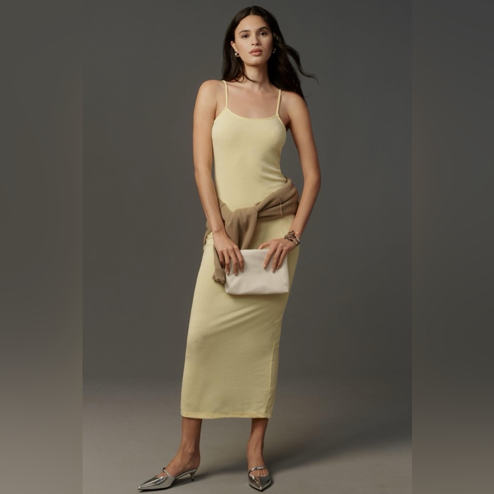 Anthropologie Pale Yellow Ribbed Midi Slip Dress